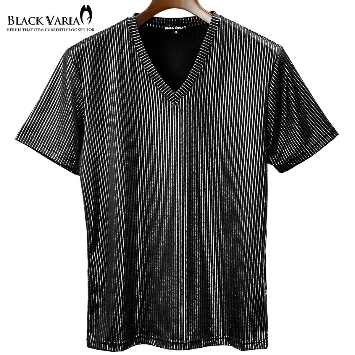 9#193213-sibk BLACK VARIA ピンストライプ ラメ ストレッチ 半袖 Vネック Tシャツ メンズ(ブラック黒・ライン銀シルバー) M ダンス 舞台_画像6