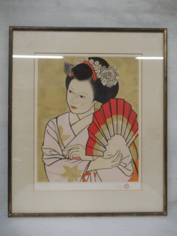 E2381 橋本明治 舞妓 リトグラフ 額装 28/85 美人画(石版画