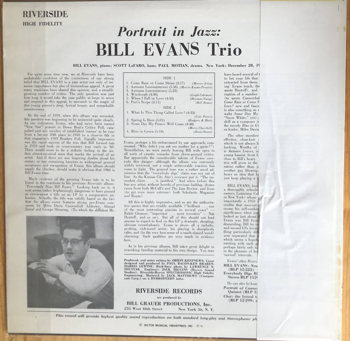 Bill Evans Trio Portrait In Jazz ポートレイト・イン・ジャズ 帯付き LP レコード Riverside Records SMJ-6144_画像2