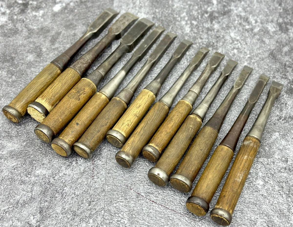 1円〜□鑿のみノミ突きのみ在銘あり12本大量まとめ彫刻刀平のみ大工