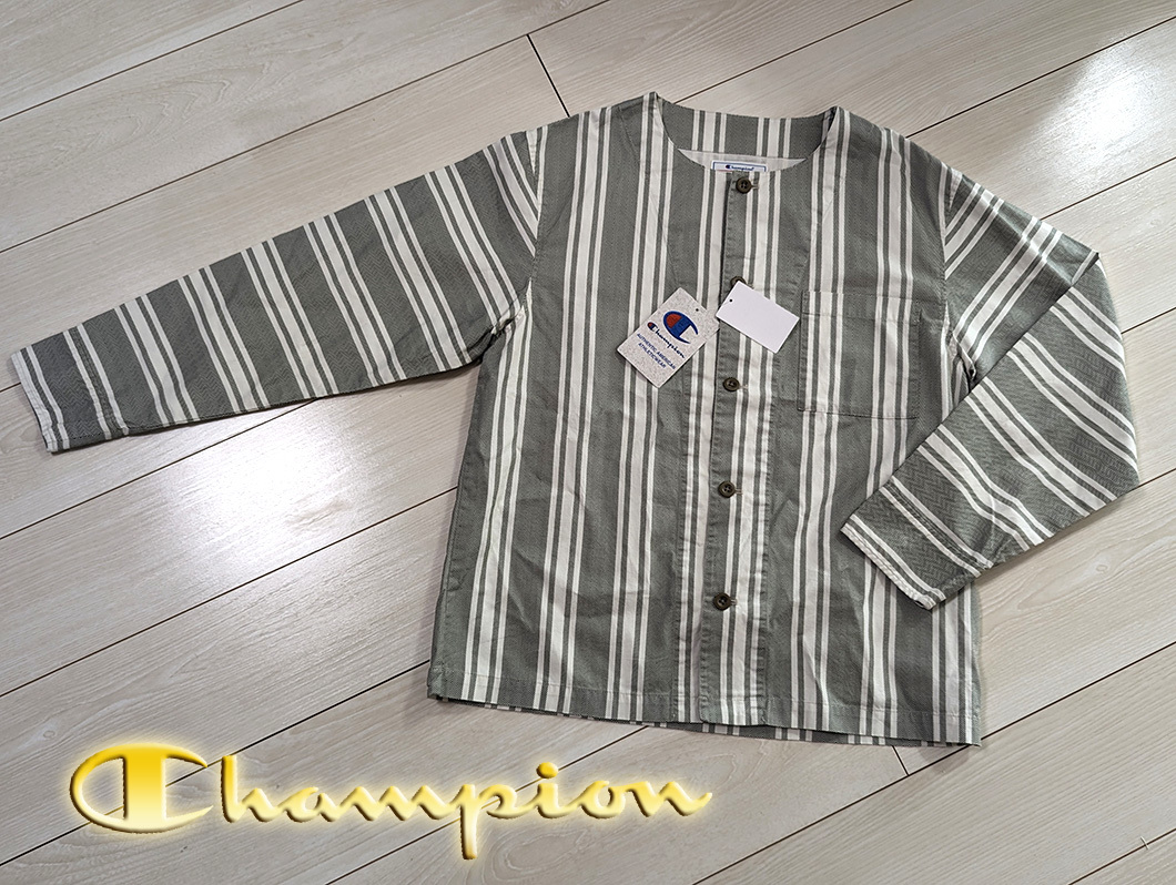 ◆新品 Champion チャンピオン 縦ストライプ柄 長袖シャツ ポケット付き XL LL オリーブ 定価9,790円 綿100％ メキシカンラグ柄 快適_画像1