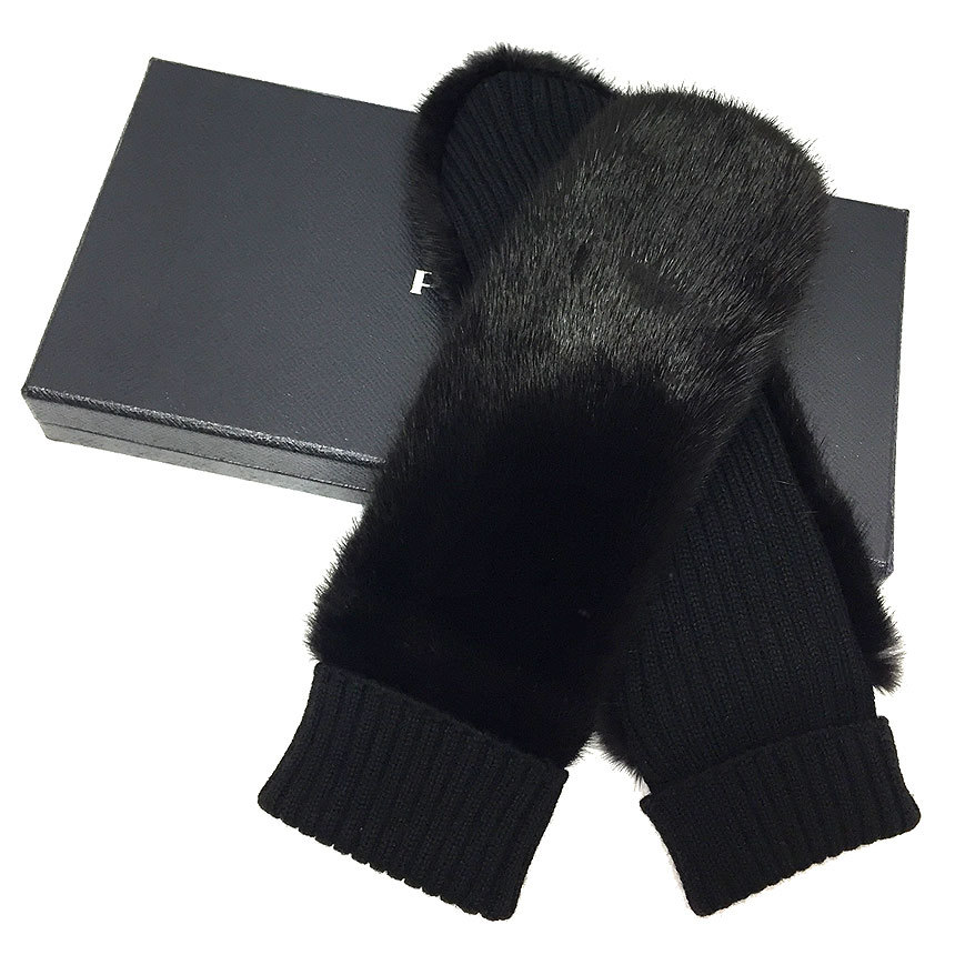 PRADA プラダ ミンクファー 手袋 ミトン 1G1239 ブラック 黒 サイズ7 1/2サイズ レディース aq6906