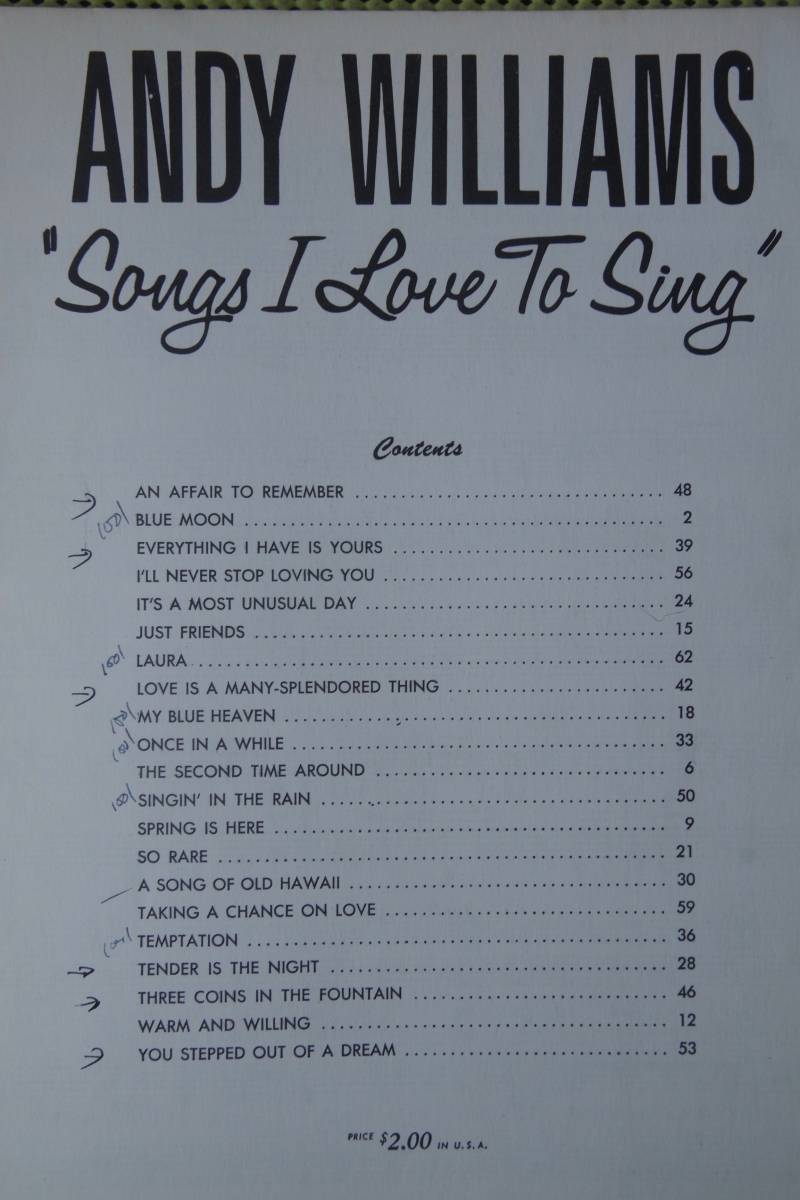 アンディ・ウィリアムス ANDY WILLIAMS SONGS I LOVE TO SING ピアノスコア 送料185円の画像2