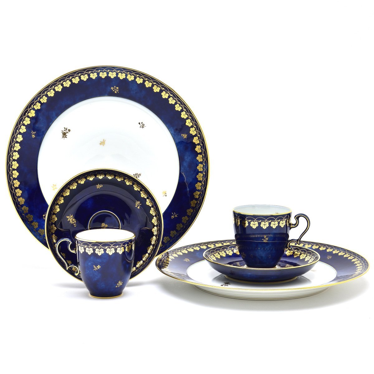 セーブル(Sevres) コーヒーカップ＆ソーサー＋デザート皿セット(2人用-6pc) セーブルブルー雲模様 オボイード(No.112) 新品