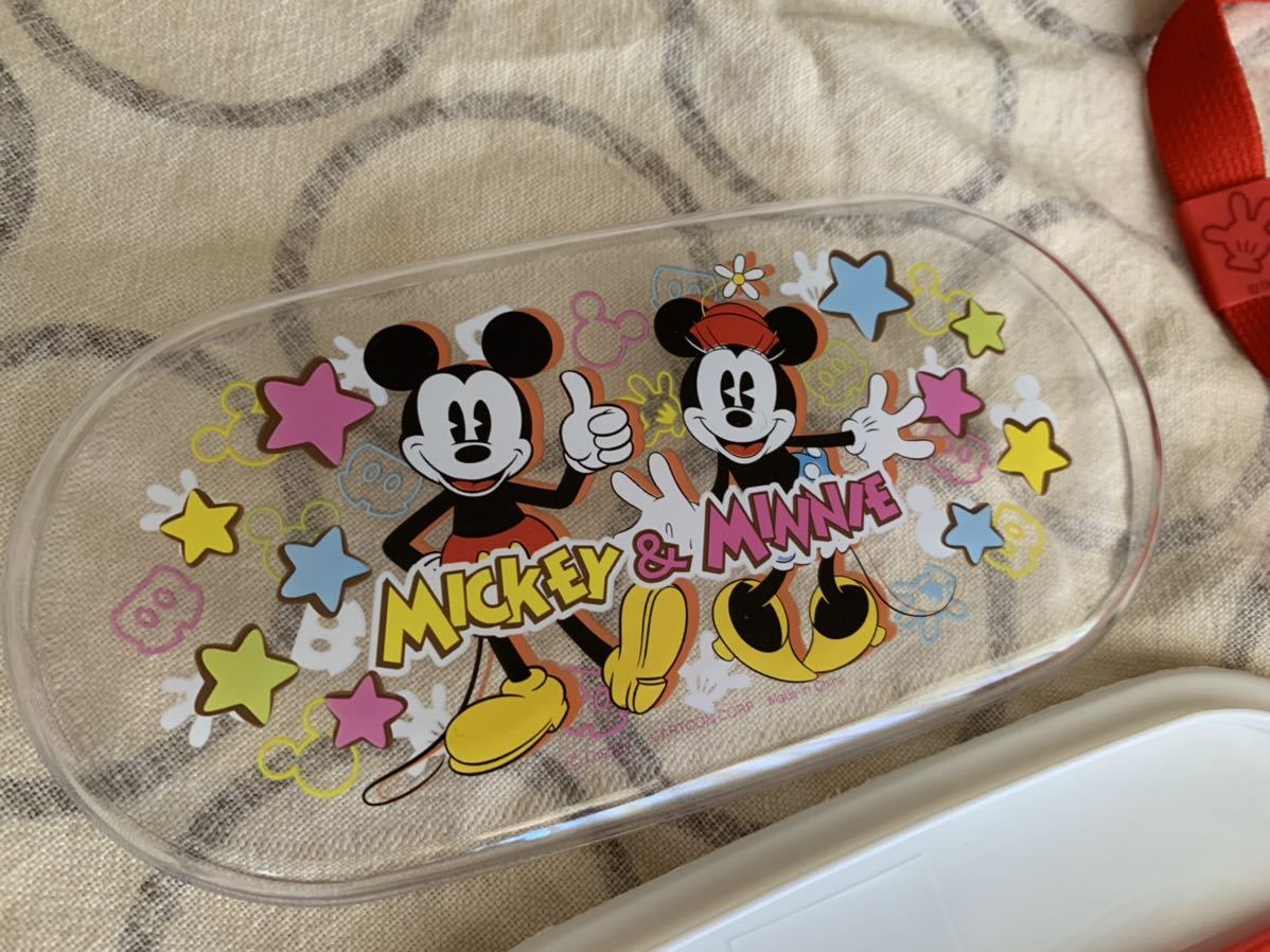 中古 Disney ミッキー&ミニー 2段ランチボックス 箸付き　レッド×ホワイト_画像7