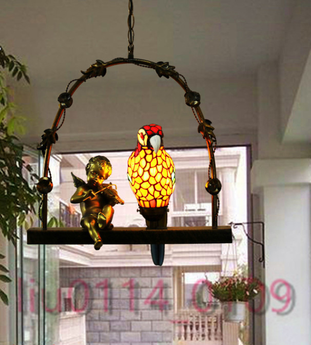 高品質 ステンドランプ ステンドグラス オウム+天使 吊り下げ照明 ペンダント ライト ティファニー 装飾品◆工芸品