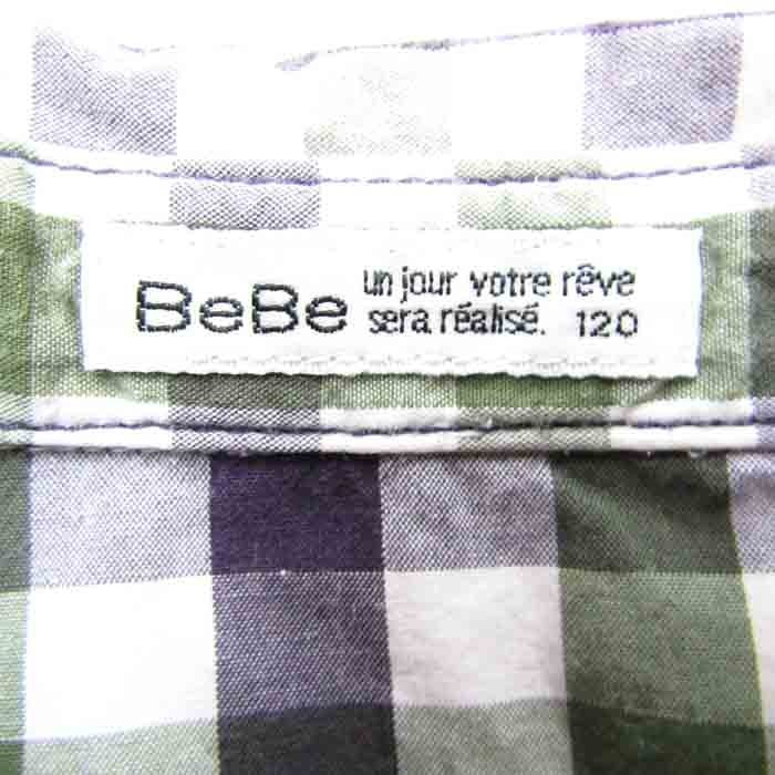  Bebe short sleeves check shirt left . pocket cut and sewn for girl 120 size tea white green Kids child clothes BeBe
