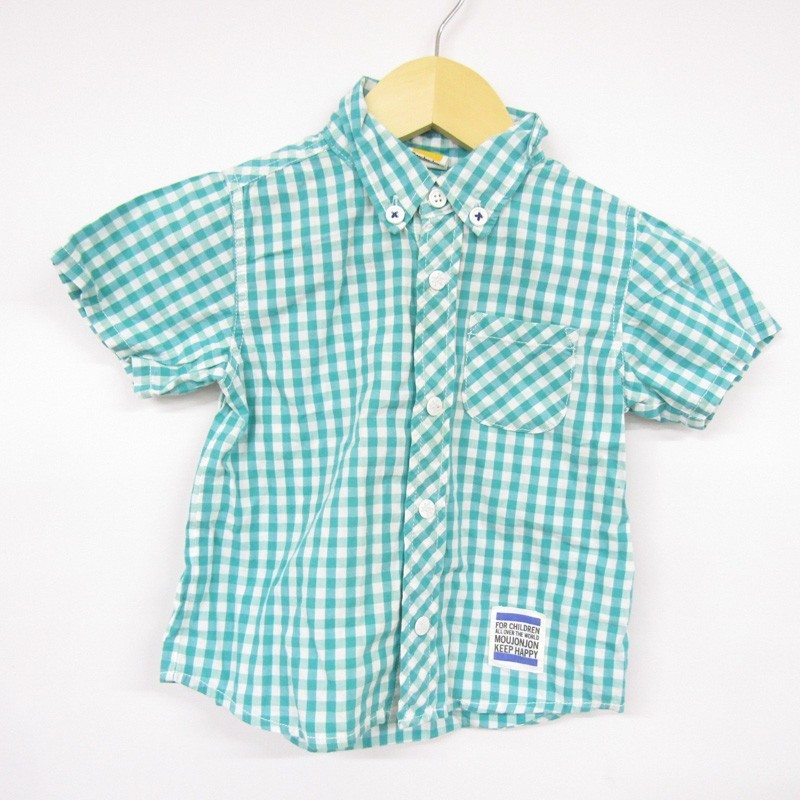  Moujonjon silver chewing gum check short sleeves shirt button down for boy 90 size green white baby child clothes moujonjon