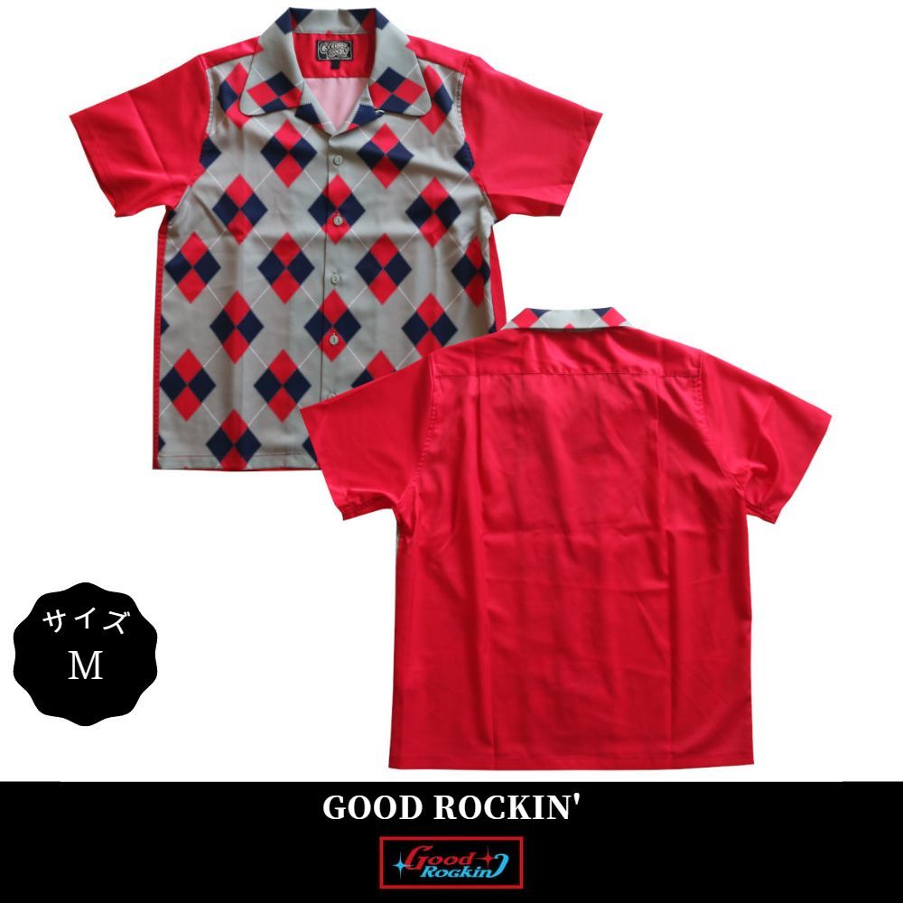 グッドロッキン メンズ 半袖パネルプリント オープンカラーシャツ レッド サイズM ロックンロール ロカビリー ロック