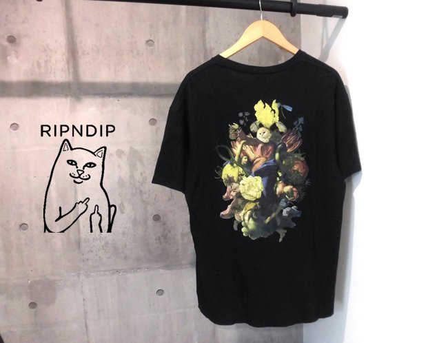 RIPNDIP リップンディップ/ネコ 絵画 パロディー アートプリント 半袖TシャツL/メンズ/黒 ブラックの画像1