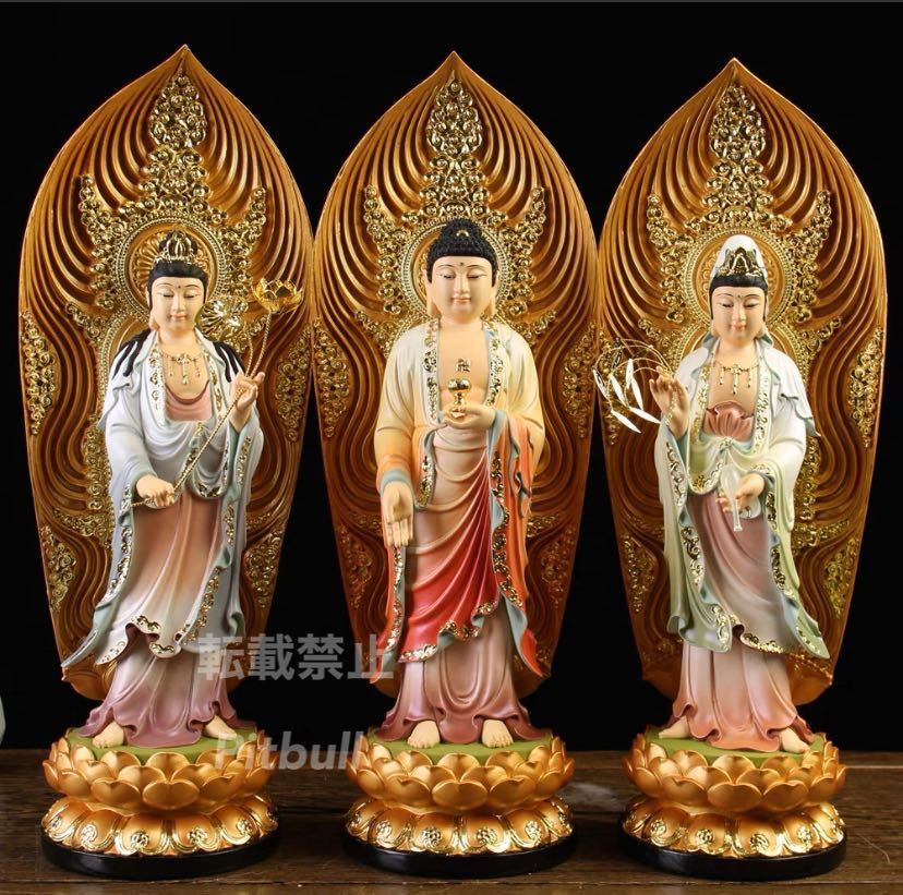西方三聖立像 精密彫刻 仏教三聖工芸品 仏師で仕上げ品 仏像 釈迦 工芸 ...