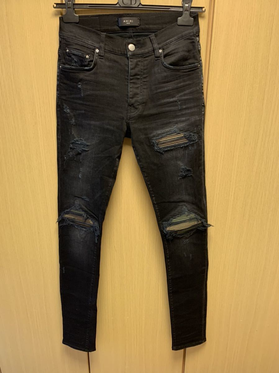 正規 17SS AMIRI アミリ MX 1 迷彩 カモフラージュ レザー パッチ ダメージ加工 スキニー ストレッチ デニム パンツ 黒 29 RN 150712_画像1