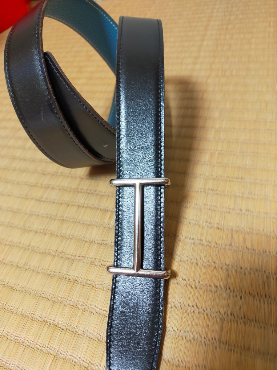 エルメス HERMES メンズ レディース バックル ベルト リバーシブル ブルージーン 黒 ブラック