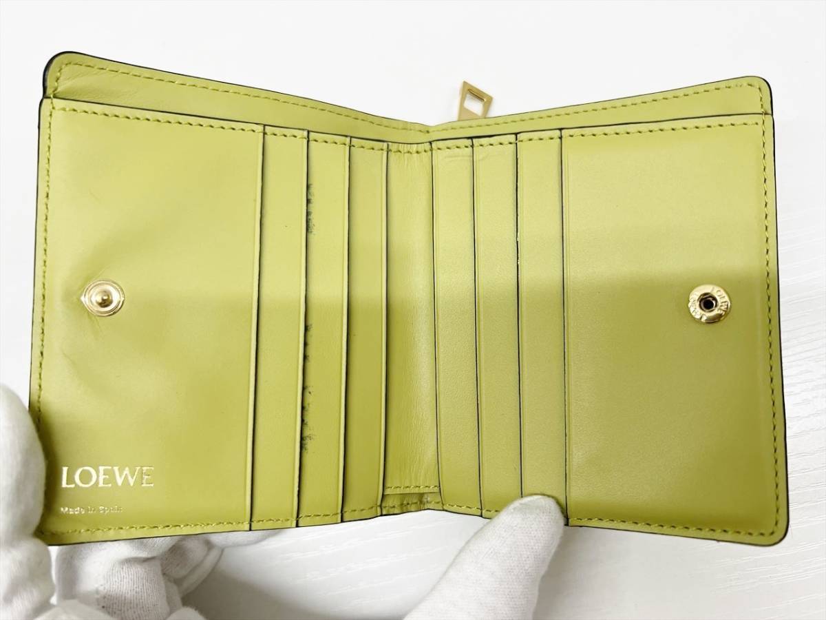現行 美品 LOEWE ロエベ アナグラム リピート コンパクトジップ 二つ折り財布 レザー ライムイエロー 8