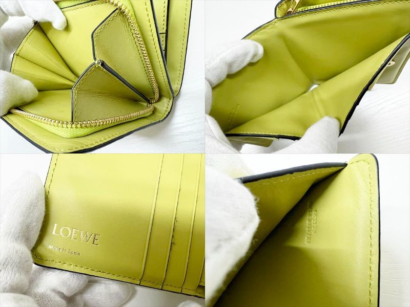 現行 美品 LOEWE ロエベ アナグラム リピート コンパクトジップ 二つ折り財布 レザー ライムイエロー 1