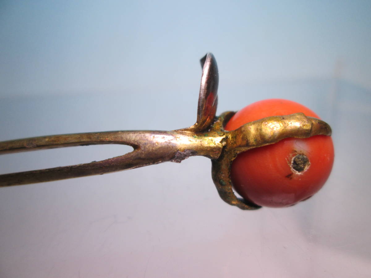☆アンティーク・本珊瑚玉 1,4cm の柿のかんざし 10,18g_画像4