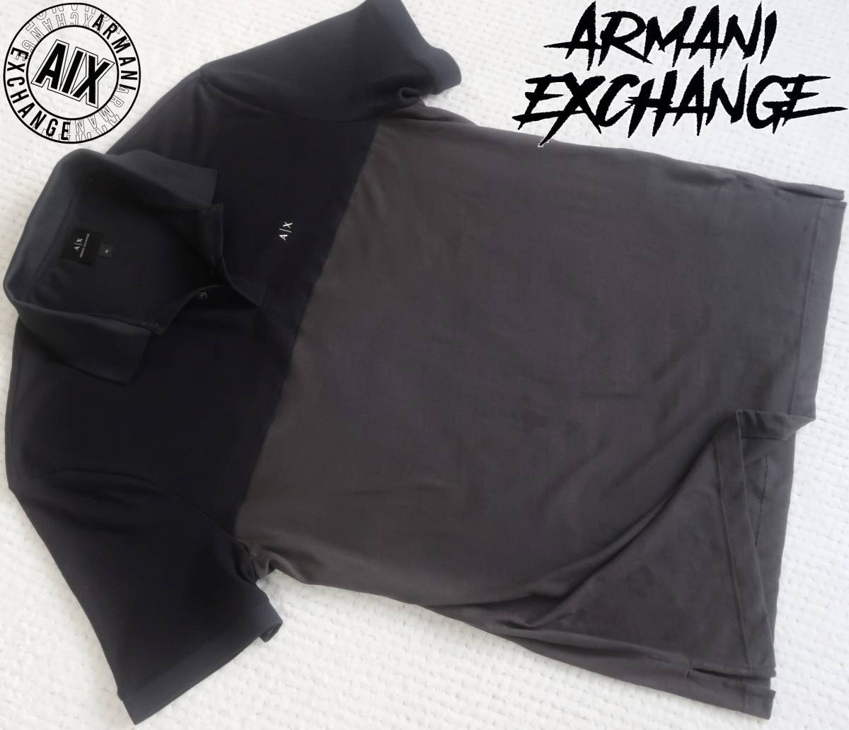 新品★アルマーニ★大きいサイズ★ネイビー＆ダークグレー ポロシャツ★ツートン 半袖 ニットシャツ 紺 灰 XXL★ARMANI☆939_画像1