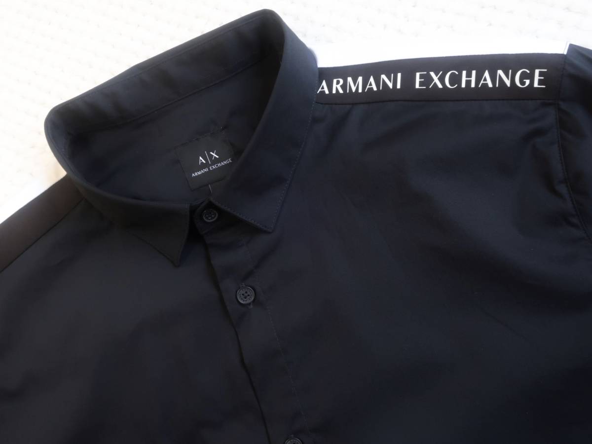  новый товар * Armani * темно-синий bo- кольцо рубашка * плечо Logo лента * удобный . стрейч тонкий рубашка с коротким рукавом * темно-синий белый L*ARMANI*09