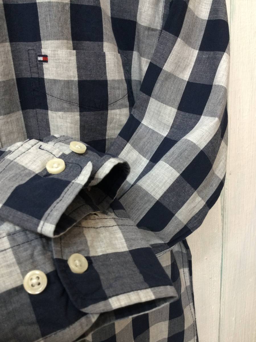 Tommy Hilfiger トミーヒルフィガー 美品 コットン長袖シャツ チェックシャツ 胸ロゴ 紺×グレー 良品綺麗の画像6