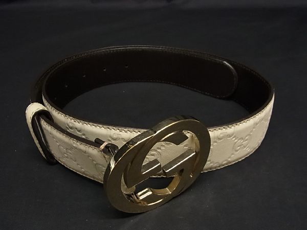 1円 美品 GUCCI グッチ 114876 インターロッキングG グッチシマ レザー ベルト サイズ 80/32 レディース アイボリー系 AI3593mM