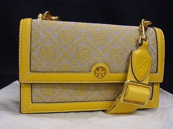 ■新品同様■ TORY BURCH トリーバーチ Tモノグラム ジャカード×レザー ゴールド金具 ショルダーバッグ レディース イエロー系 Z8315キZ