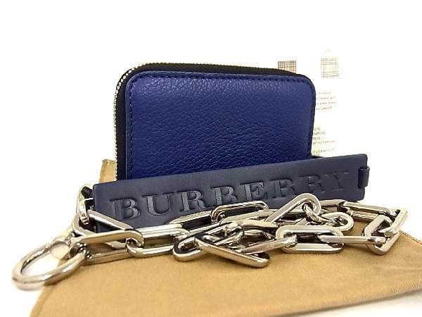 ■新品■未使用■ BURBERRY バーバリー レザー シルバー金具 チェーン付き コインパース コインケース 小銭入れ ブルー系 Z3254UN