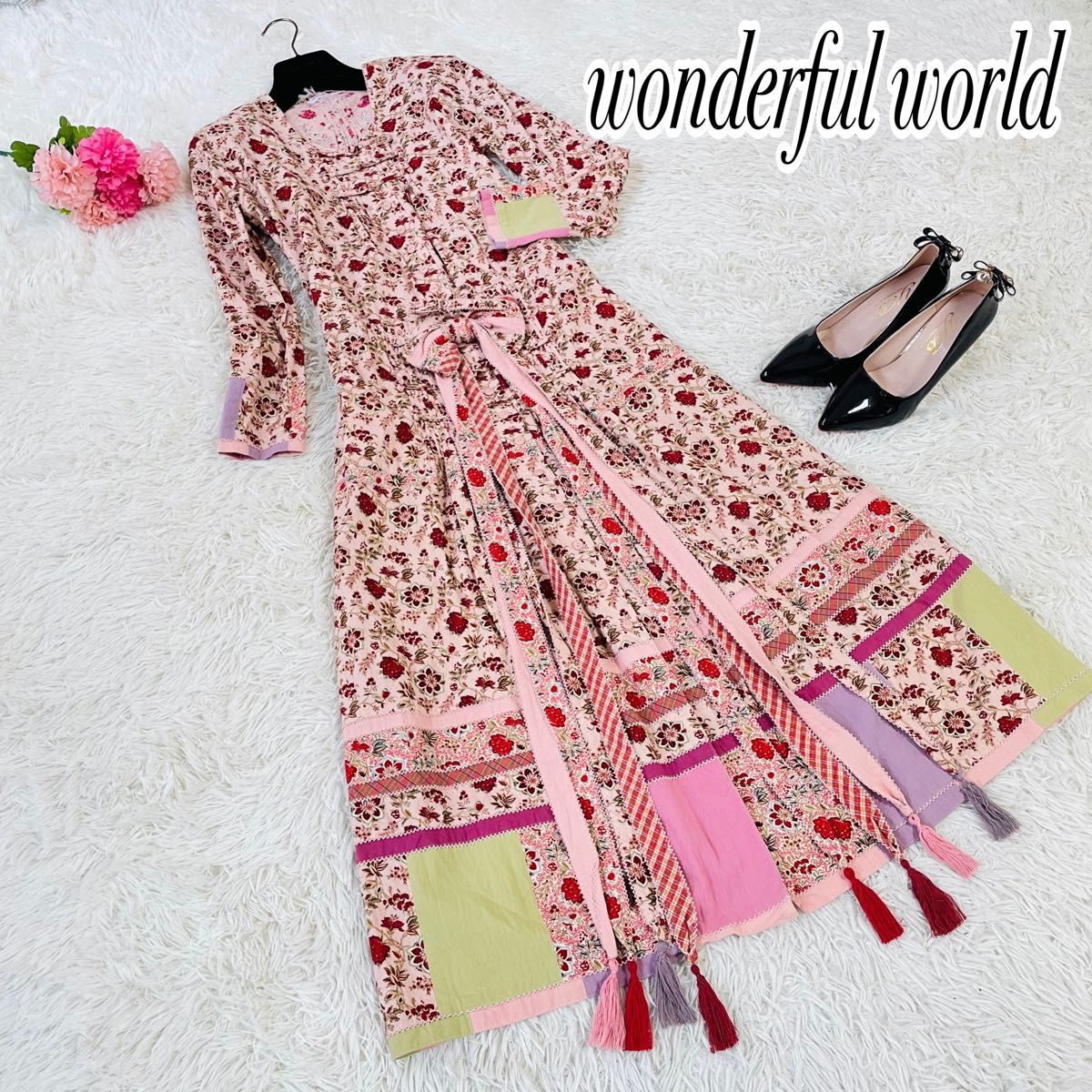 美品】wonderful world カネコイサオ チャイナ風ワンピース 花柄-