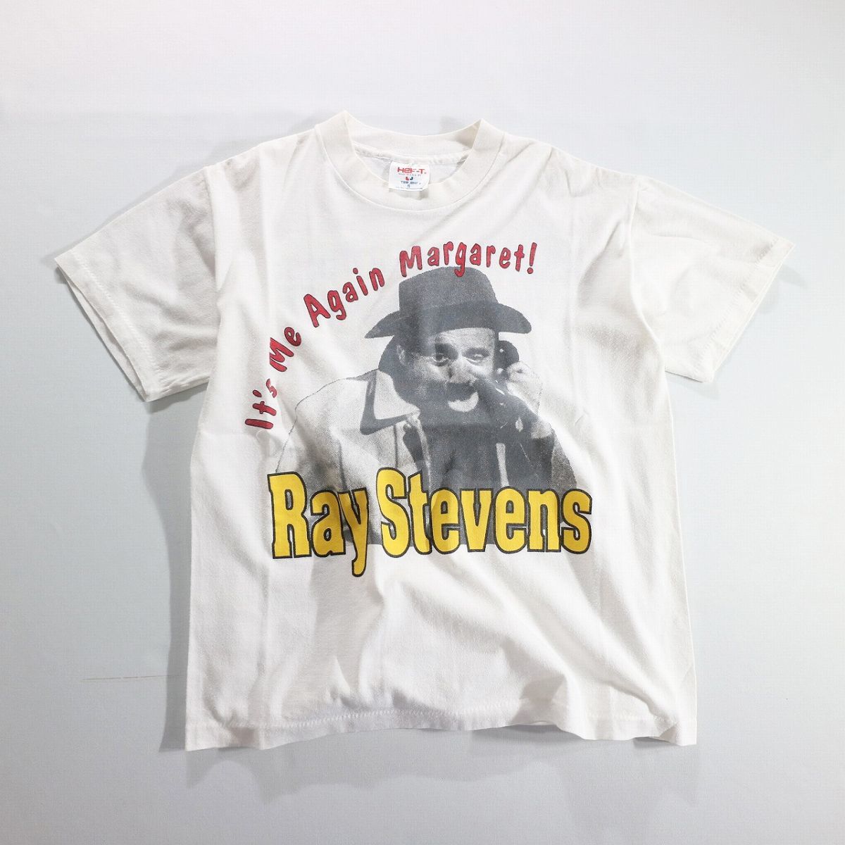 F□80年代 USA製 RAY STEVENS it's me again margaret プリント Tシャツ 半袖カットソー 白 ホワイト ( S ) 中古 古着 k5892