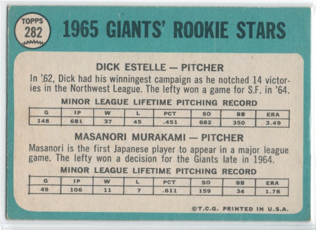 激レア!状態〇 村上雅則 <1965 Topps No,282> ルーキーカード Dick