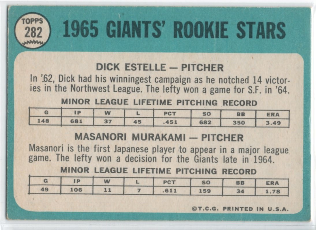 激レア！状態〇 村上雅則 ＜1965 Topps No,282＞ ルーキーカード Dick Estelle RC 日本人メジャー初カード_画像2