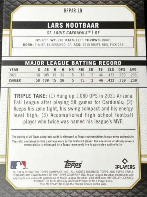 99枚限定 2022 Topps Triple ラーズ・ヌートバー 直筆サインカード 直