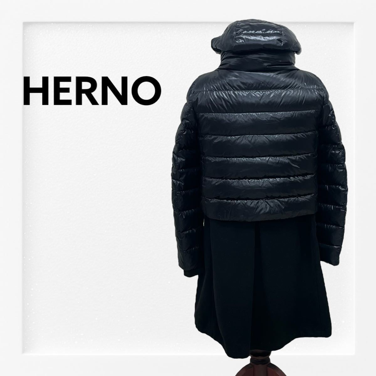 HERNO ヘルノ LAVJAP ウール切替 ナイロン フード付き ダウンコート レディース PI0075D-12017-9300