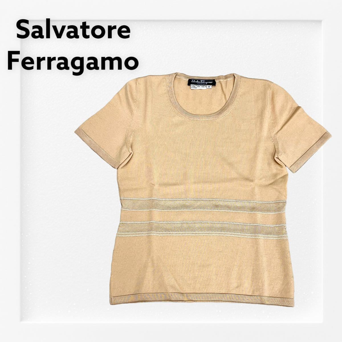 Salvatore Ferragamo サルヴァトーレ フェラガモ ウール レーヨン混 切替デザイン 半袖ニット セーター レディース