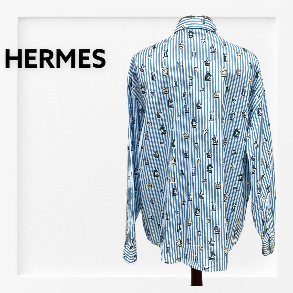 高級 HERMES エルメス 22SS Playground プレイグラウンド プリント ストライプ セリエボタン ボディシャツ メンズ
