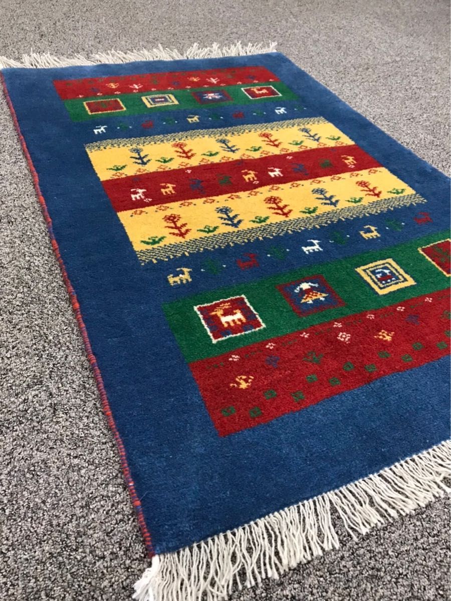 ペルシャ絨毯 手織り ギャッベ 125×81cm 青色 カラフル 山羊 花 パネル