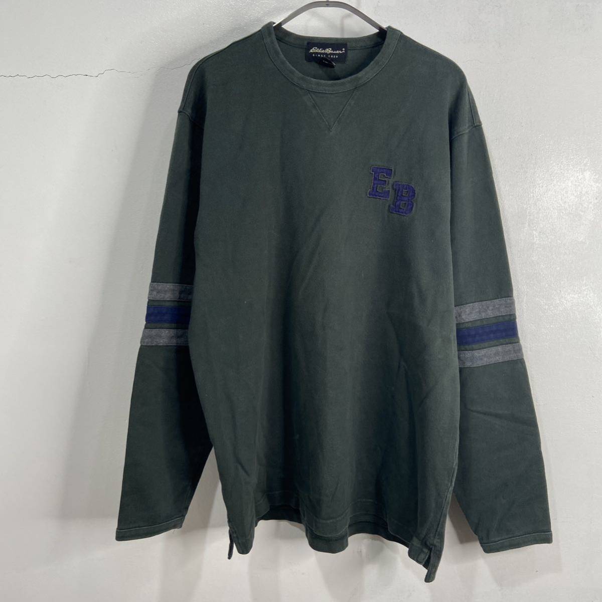 送料無料☆90s☆EddieBauer☆長袖Tシャツ☆グリーン☆M☆前V☆黒タグ☆