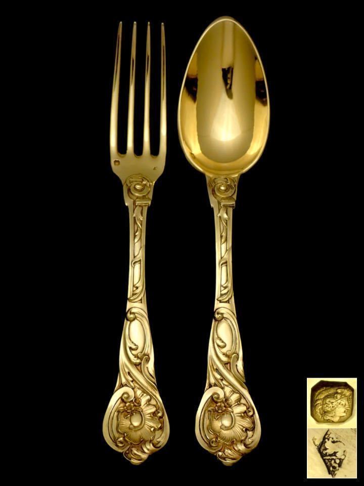美品 フランスアンティーク 1800年代中期〜後期にかけて 純銀無垢 ベルメイユ スプーンとフォークのセット_画像1