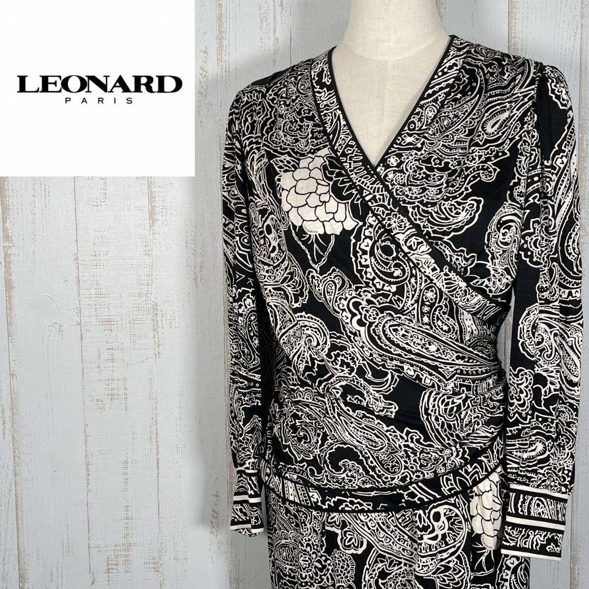 美品】LEONARD レオナール ワンピース ストレッチ素材 花柄 ロゴ 白 黒