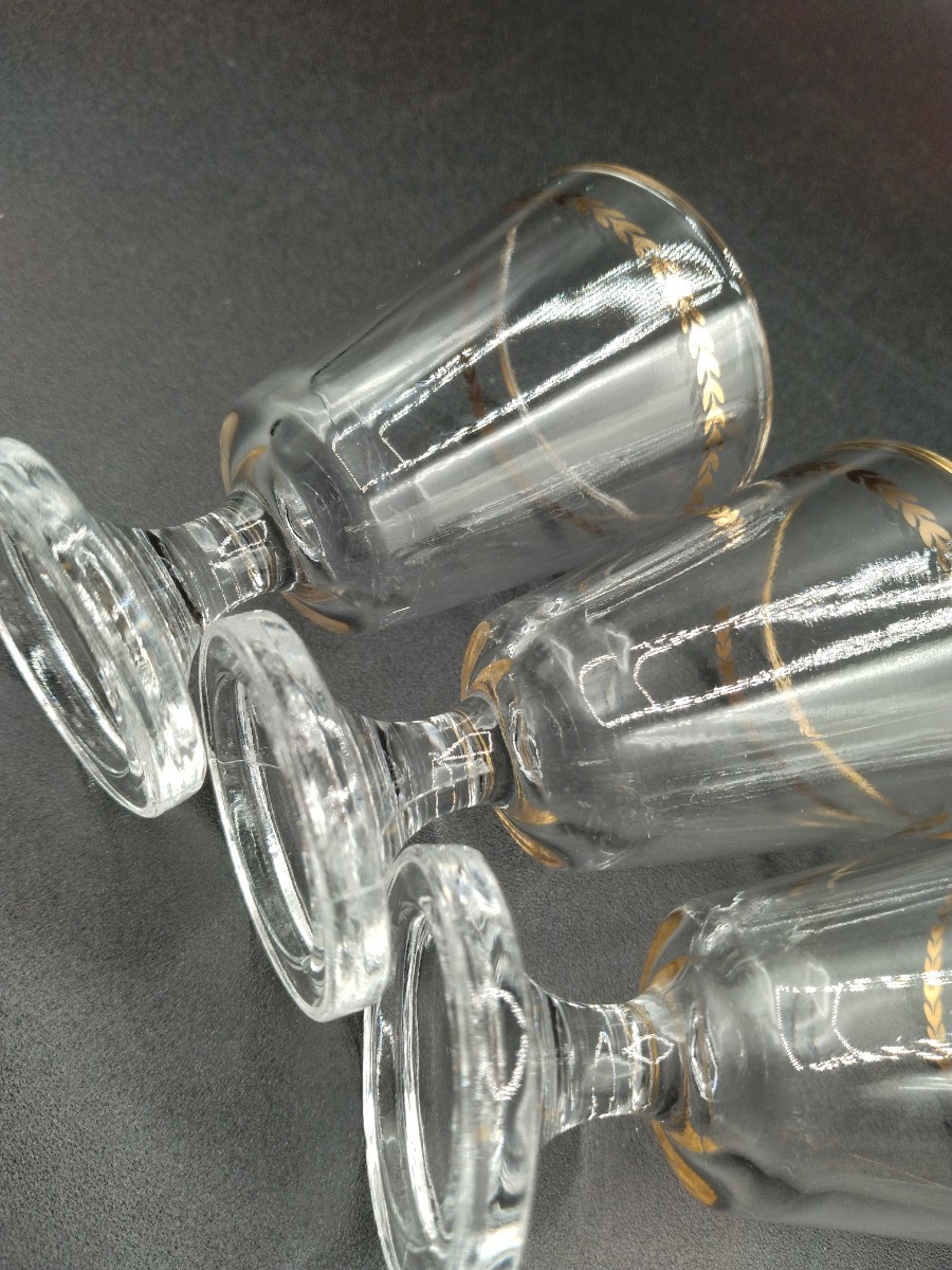 アンティーク グラス リキュールグラス ワイングラス 酒器 金彩 リーフ柄 3客 ガラス コップの画像7