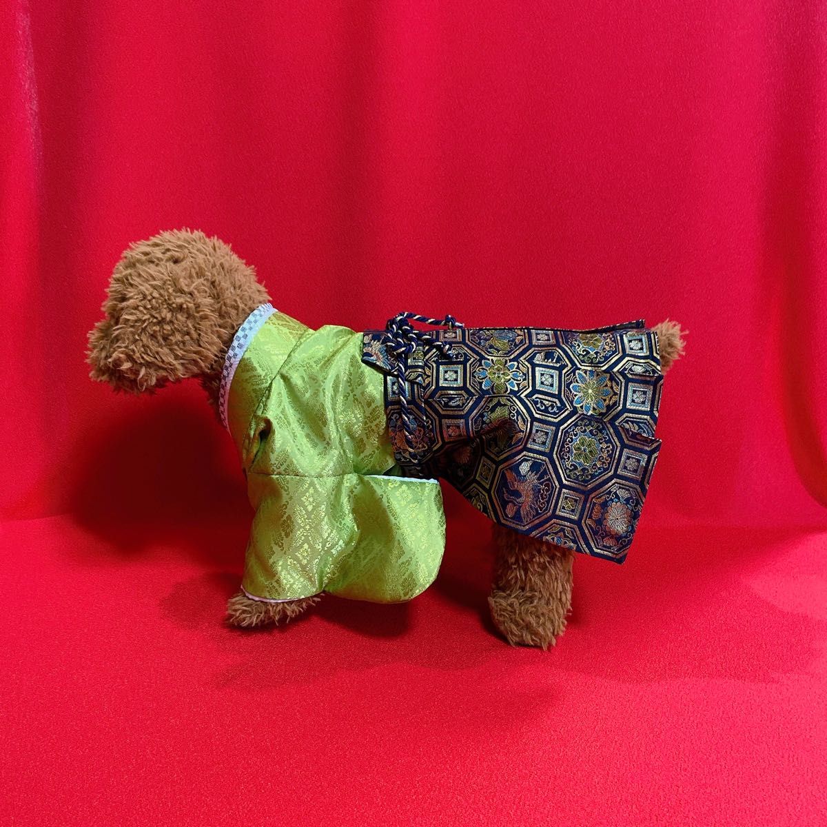 犬の袴 犬用本格着物&袴セット M 金襴西陣織 若草色×紺 犬服
