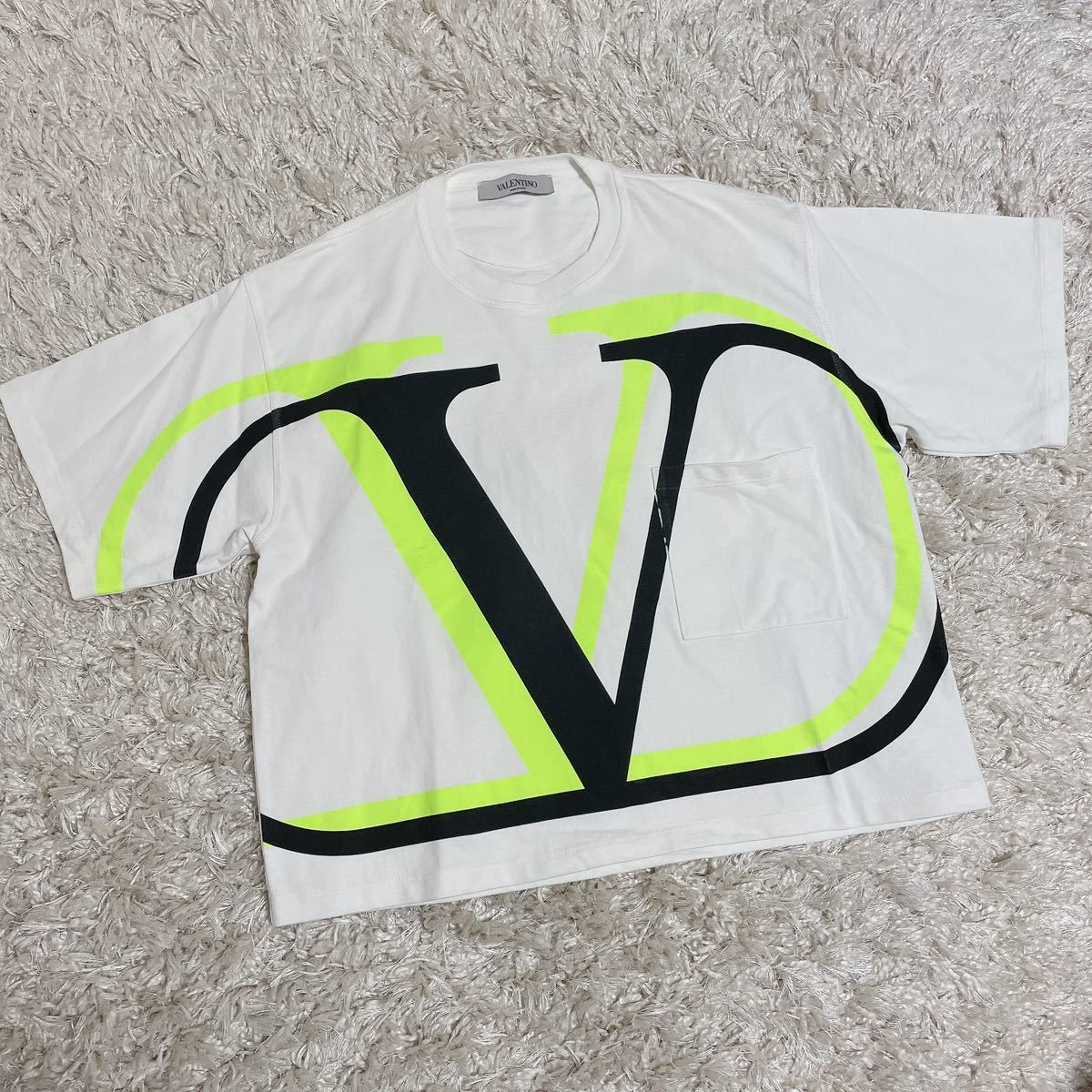 即決★ヴァレンティノ VALENTINO Vロゴプリント 半袖 Tシャツ カットソー 胸ポケット オーバーサイズ ホワイト XS 20SS 厚地コットン素材