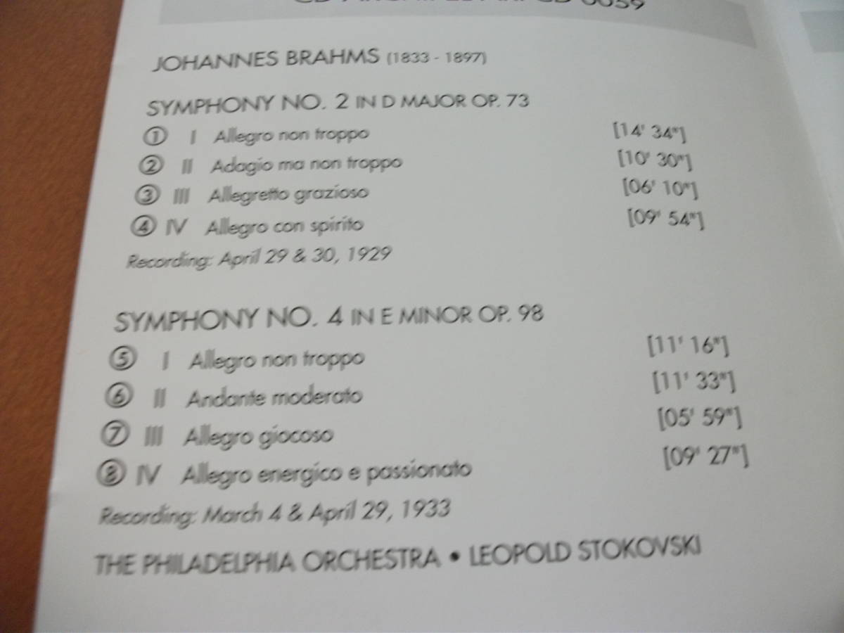 【CD】ストコフスキー / フィラデルフィア o ブラームス / 交響曲 第2番 、第4番 (1929/1933)_画像2