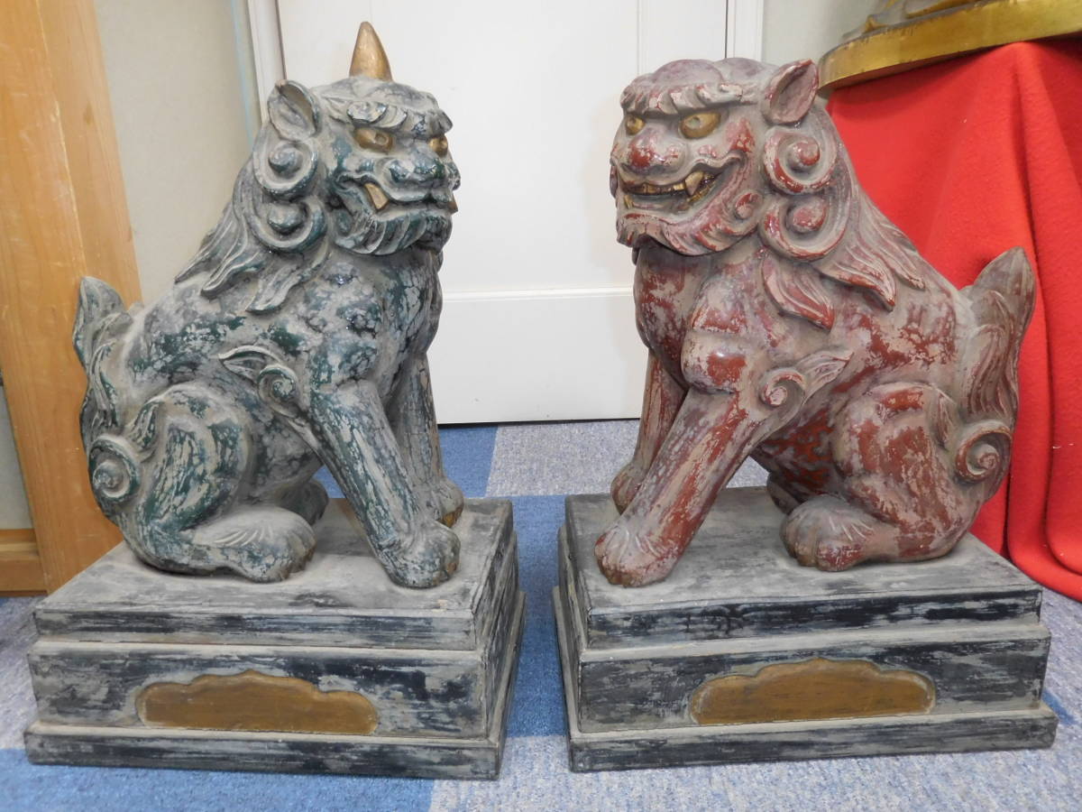 木彫り　赤・青　狛犬一対　江戸後期