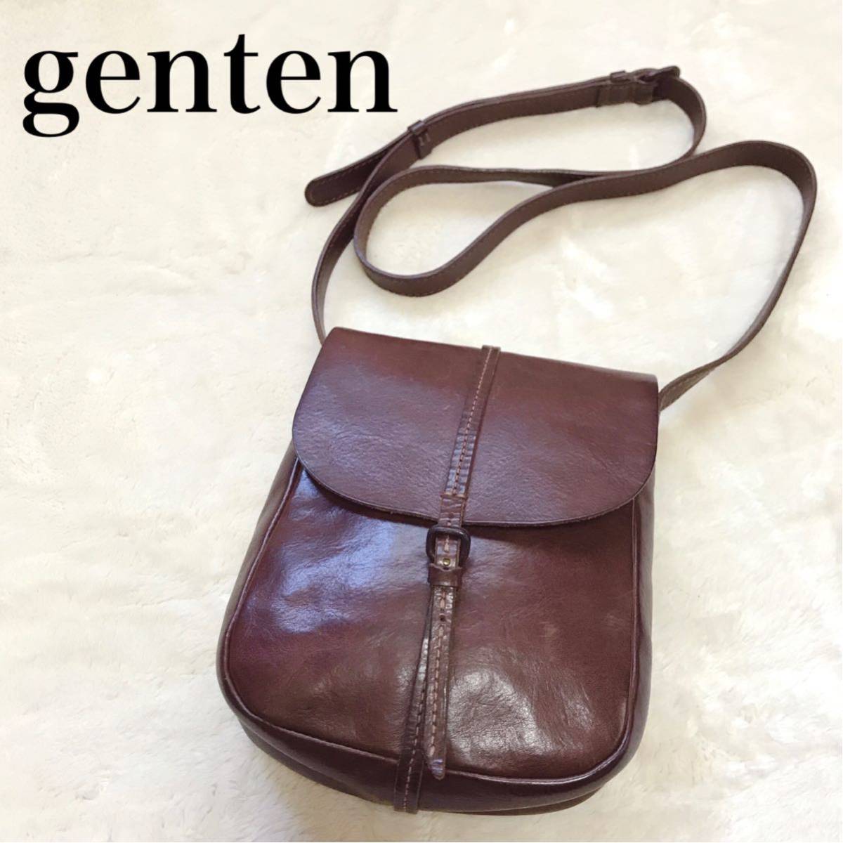 独特な ヌメ革 レザー genten 美品 ショルダーバッグ 鞄 バッグ