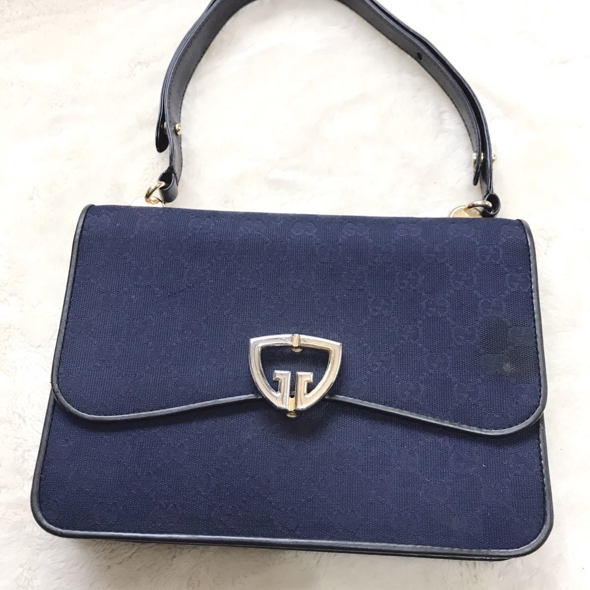 希少 GUCCI グッチ ヴィンテージ GG柄 キャンバス レザー ハンドバッグ