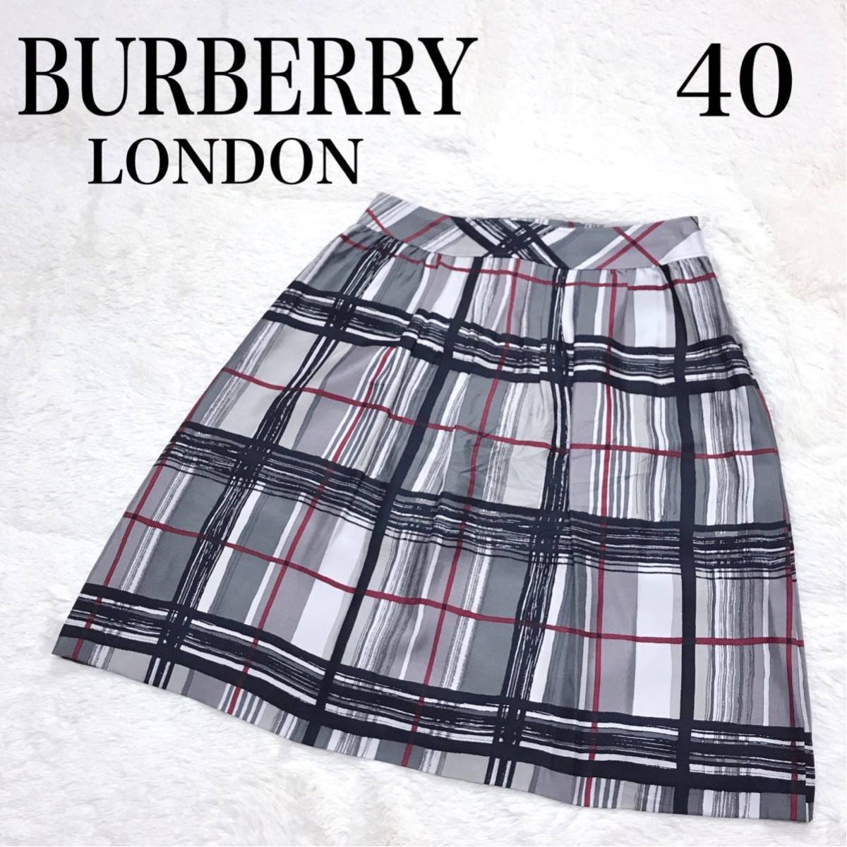 大きめ BURBERRY バーバリー シルク100% チェック フレア スカート グレー 膝丈 Lサイズ 40
