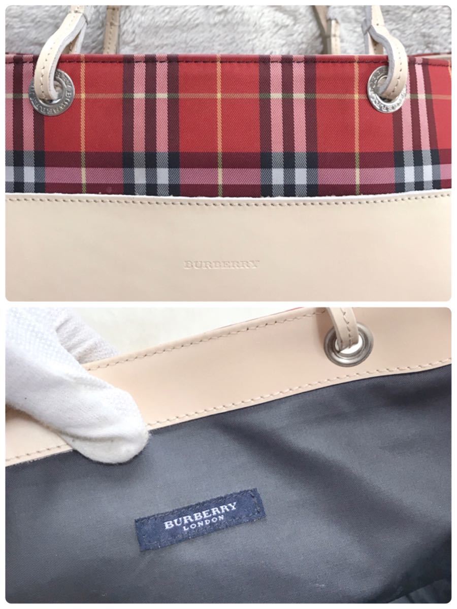 美品 BURBERRY LONDON 大容量 赤 チェック トートバッグ レザー ハンドバッグ キャンバス バーバリーロンドン 総柄 マルチカラー