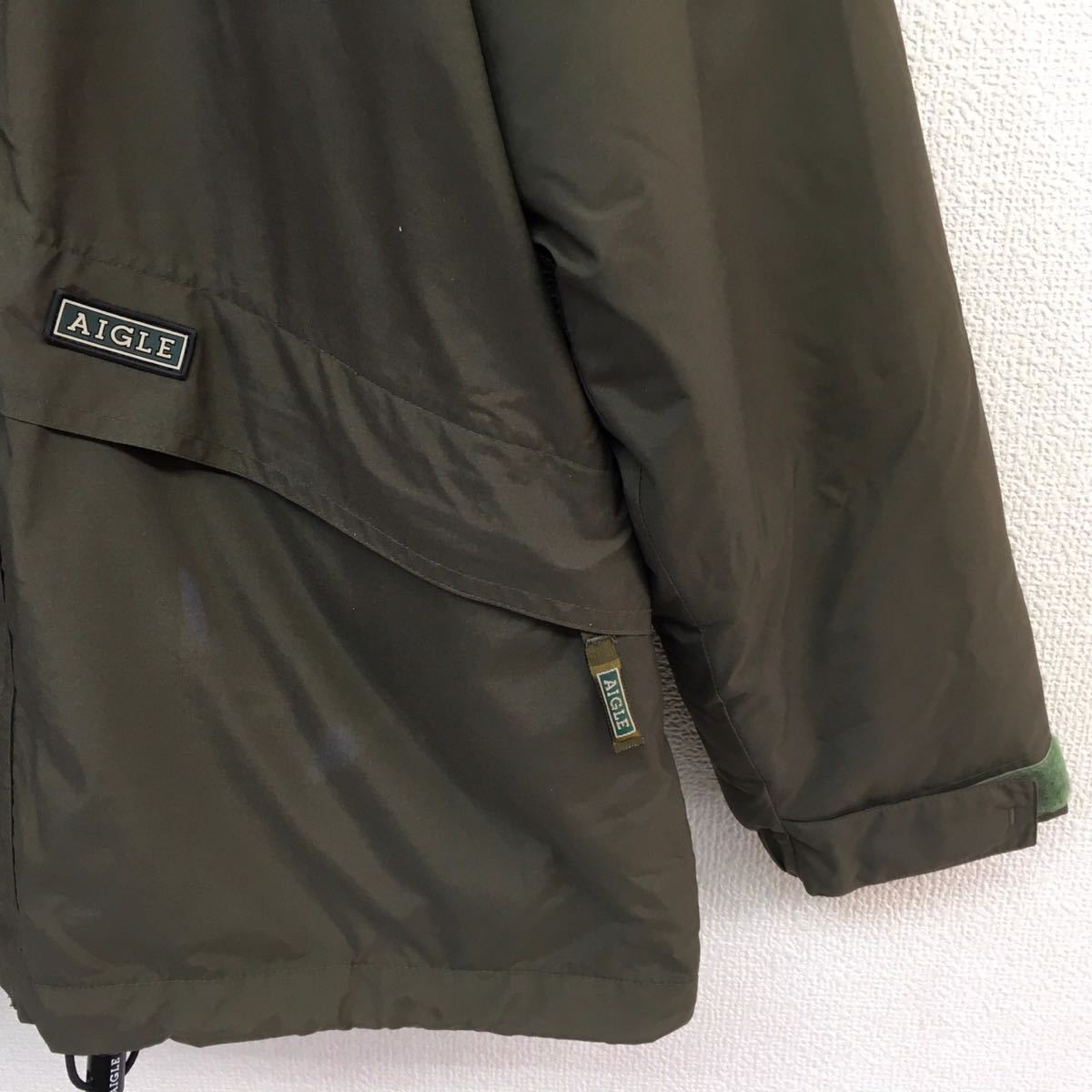 90s　AIGLE　エーグル　マウンテンパーカー　ナイロンジャケット　厚手　裏地フリース　モスグリーン　メンズ　Mサイズ　アウトドア　古着_画像5