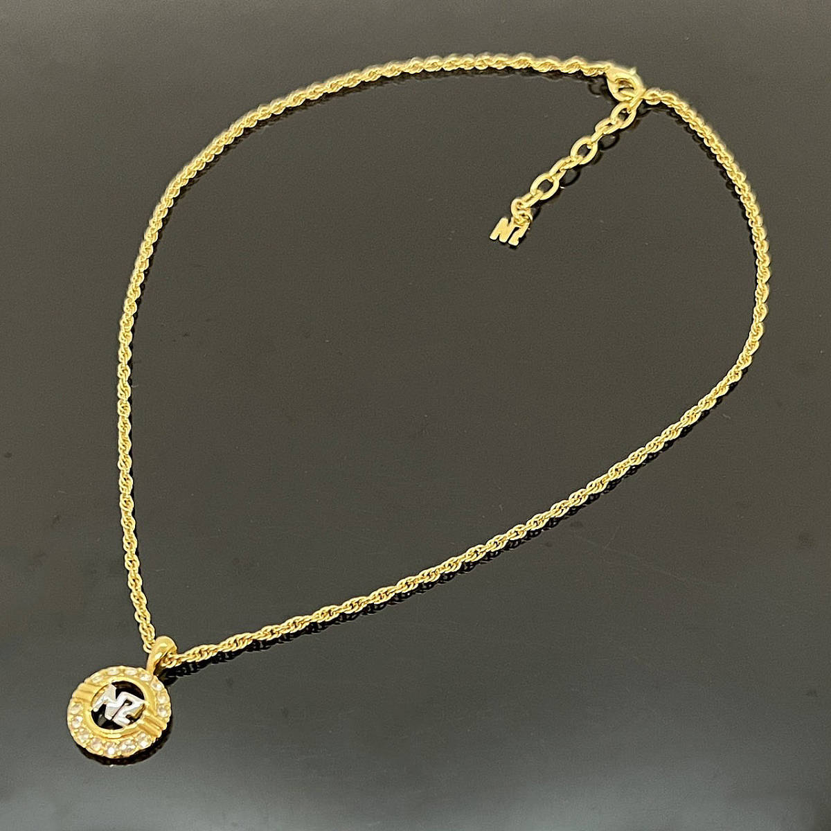  unused goods * Nina Ricci NINA RICCI rhinestone Logo motif necklace * Vintage accessory Gold color FC2503