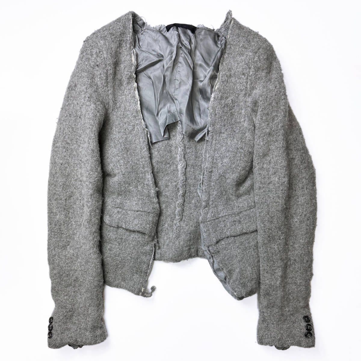 94AW 縮絨期 ウール縮絨 裁ち切り ノーカラー ジャケット コムデギャルソン 1994AW Boiled Wool Cut Off Jacket HOMME PLUS オムプリュス